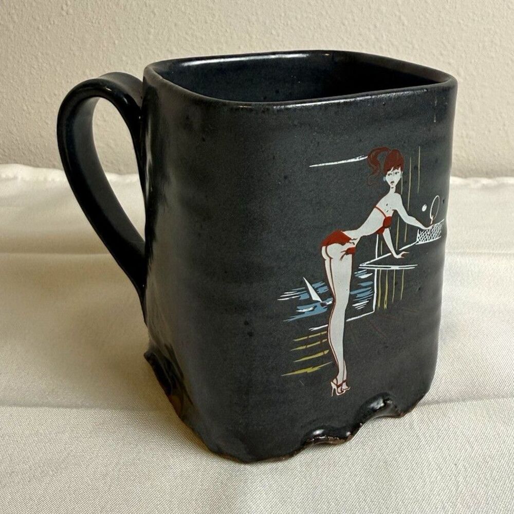 Vintage Style Studio Pottery Pin-Up Mug Handmade Ceramic Retro Poolside Girl